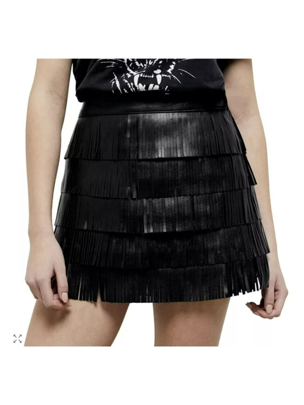 The Kooples $525 Lambskin Black Leather Tiered Fringe Medium Mini Skirt New
